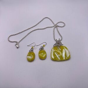 Yellow & Silver Dichroic Pendant Necklace & Earring Set. 925 Sterling Chain